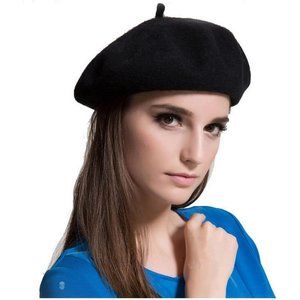 Wool Black Beret Hat - French Beret -Solid Color Beret Cap for Women Girls